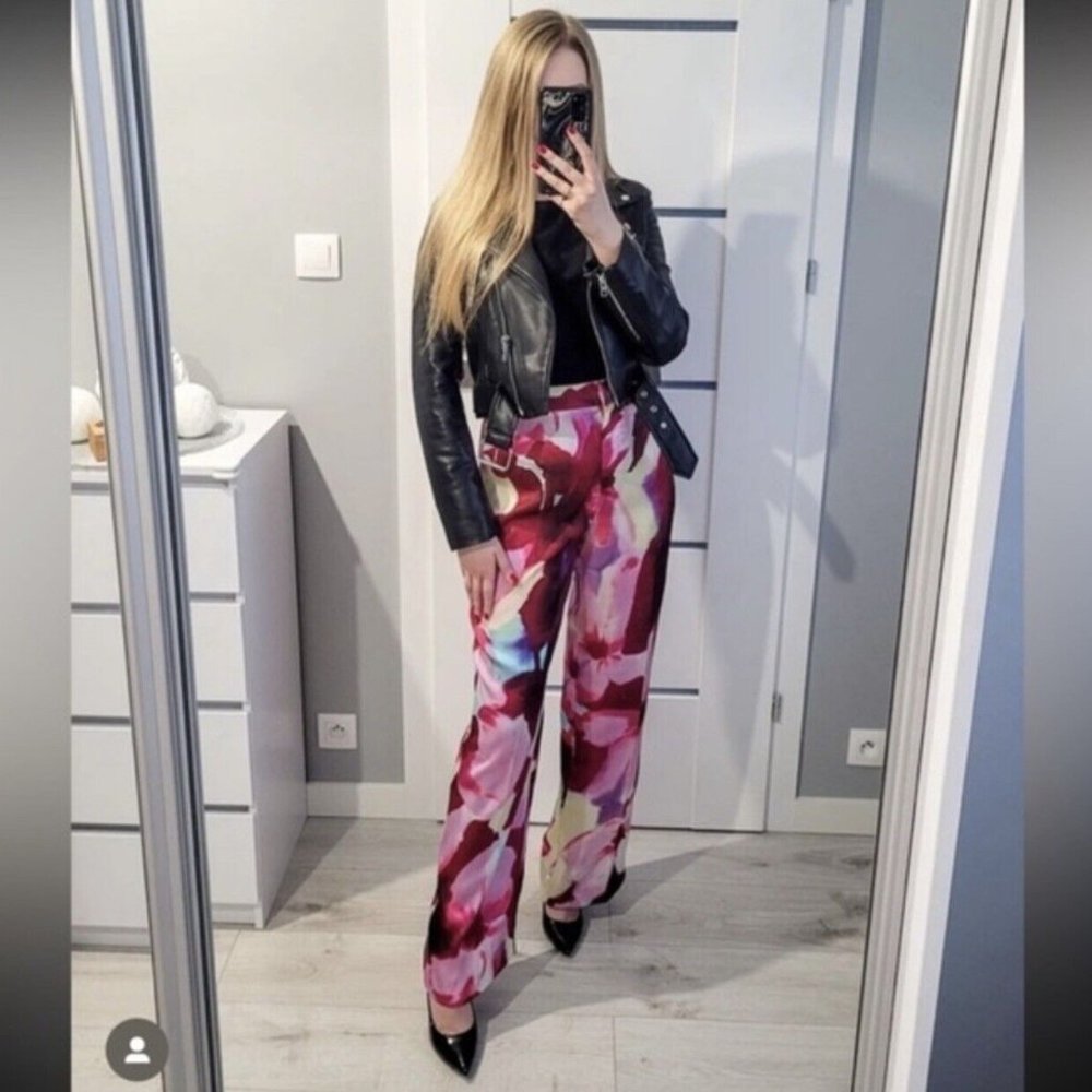 New Zara Printed High Waist Floral Trousers Pants Satin Finish 8256/157/001